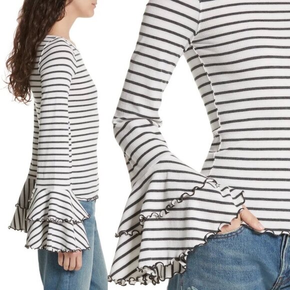 Free People Good Finds Ruffle‎ Cuff Long Sleeve Tee Size XS Bell Sleeve Bohemian - Picture 14 of 14